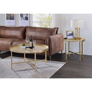 End Table Wooden Coffee Table Round Table Top Oak Table Gold Finish - Overstock - 36179507 | Bed Bath & Beyond