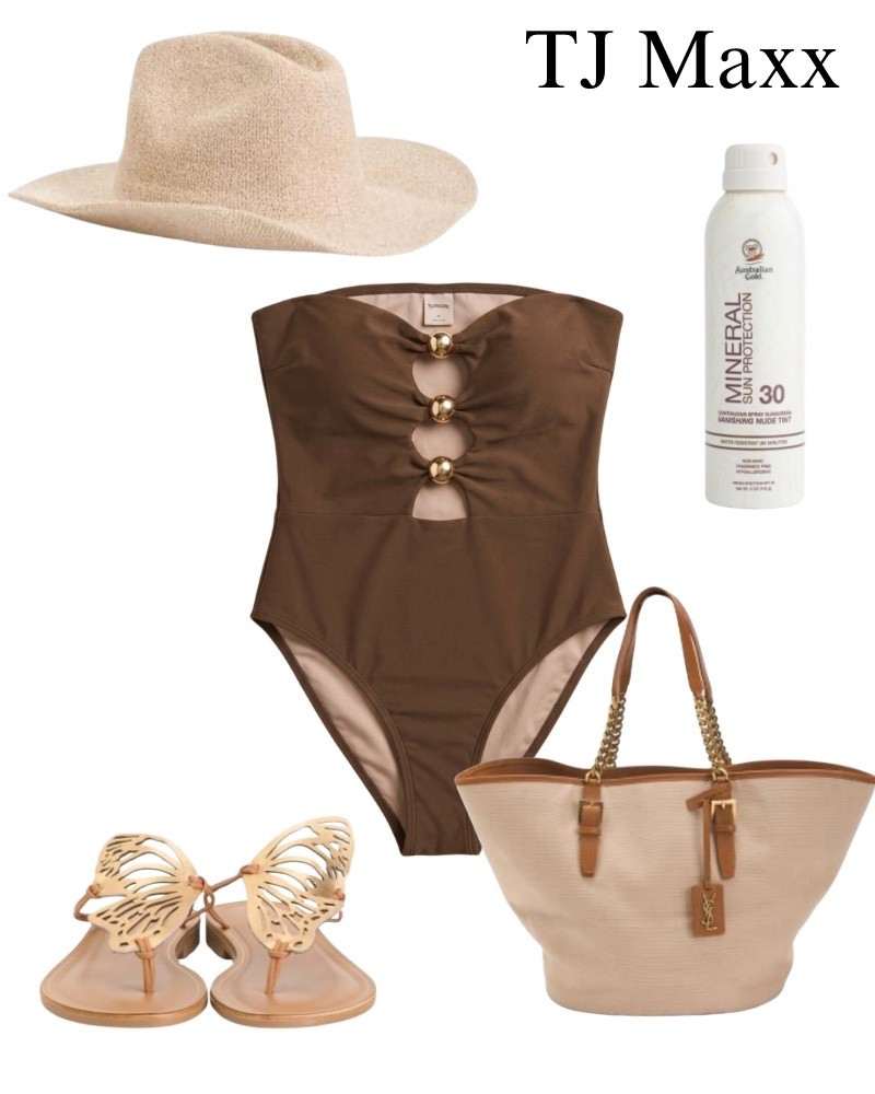 Beach outfit idea on sale at TJ Maxx, Brown, design, designer one piece swimsuit, House of Harlow, straw hat, sunblock, butterfly flats, sandals, shoes, Saint Laurent, tote, resort, pool, summer, spring.

#LTKSaleAlert #LTKTravel #LTKSwim