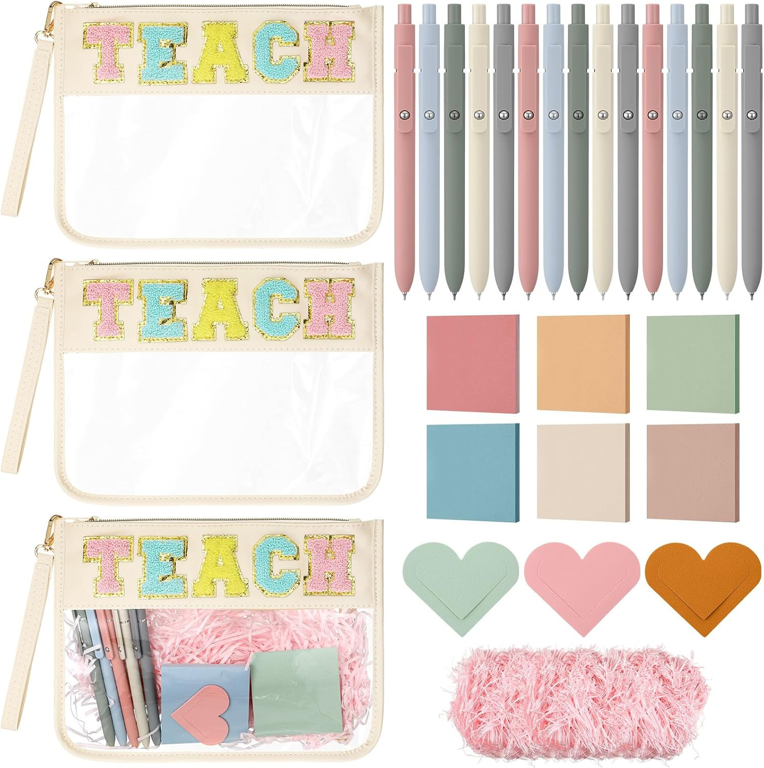 Eaasty 3 Sets Teacher Gifts Bulk Thank You Teachers Appreciation Gifts for Women Teach Chenille Letter Clear Makeup Bag Gel Pens Sticky Note Heart Bookmark Raffia for Graduation Back to School Gift | Amazon (US)