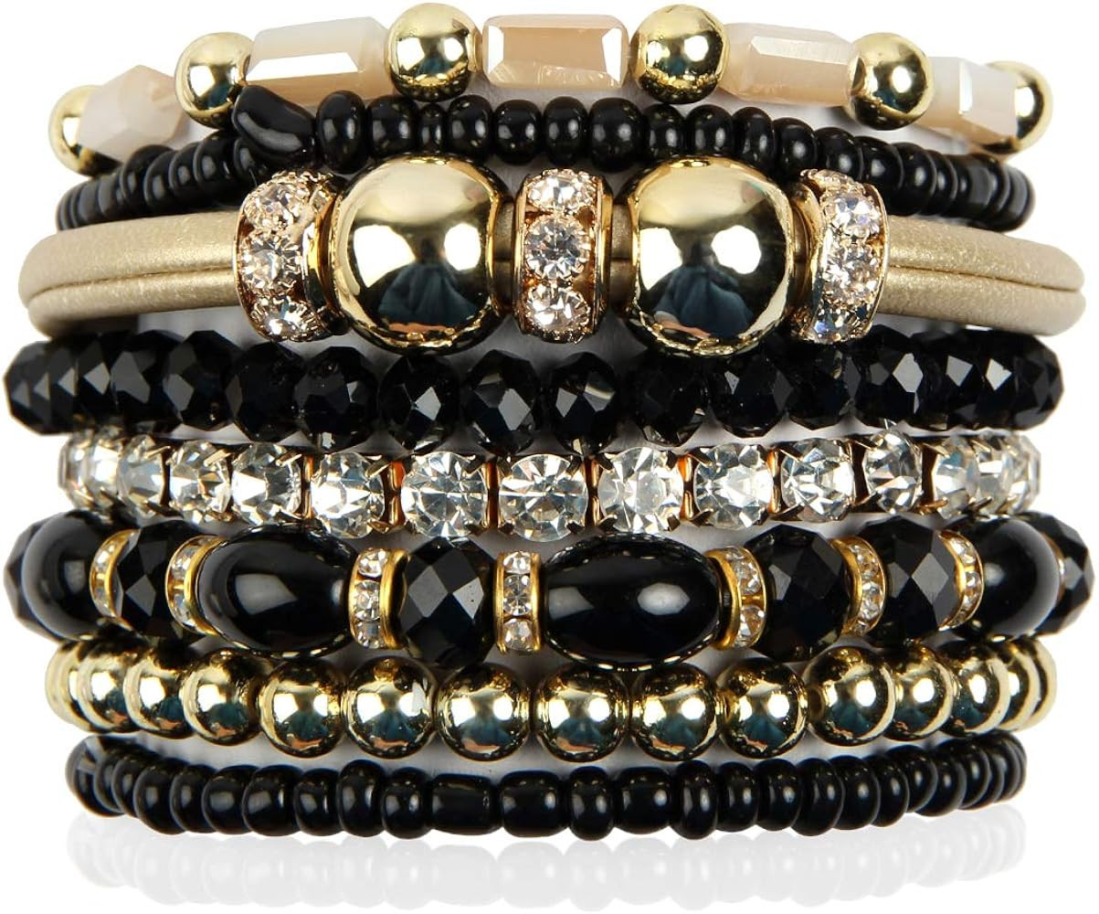 RIAH FASHION Bohemian Bead Multi Layer Versatile Statement Bracelets - Metallic Bar, Sparkly Crys... | Amazon (US)
