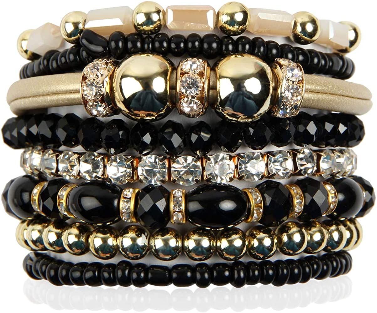 RIAH FASHION Bohemian Bead Multi Layer Versatile Statement Bracelets - Metallic Bar, Sparkly Crys... | Amazon (US)