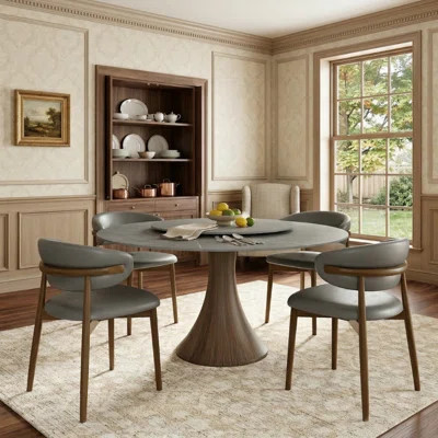 Swanigan Round Pedestal Dining Table Set 4/6/8 Seats Dark Walnut & Gray Set With Matte Sintered Stone Lazy Susan | Wayfair North America