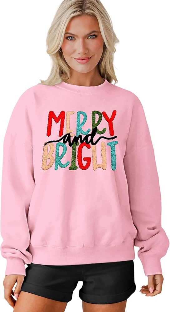 MAPICK Christmas Sweatshirt for Women Merry and Bright Embroidery Sweaters Crewneck Fleece Linend... | Amazon (US)