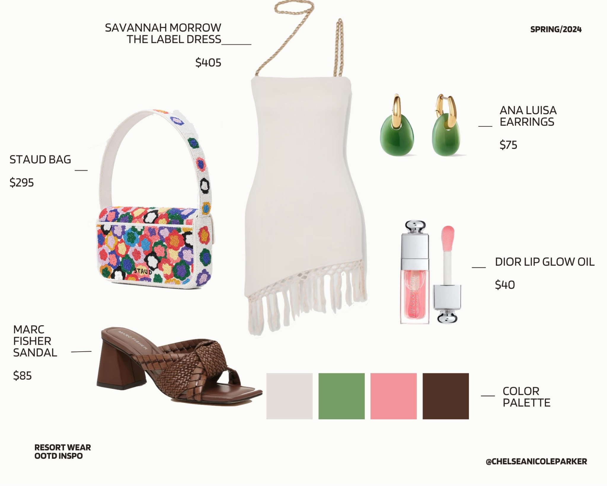 Savannah Morrow White Fringe Dress ON SALE + STAUD Beaded Flower Shoulder Bag + Ana Luisa Green Gold Drop Earrings + Marc Fisher Chocolate Dark Brown Woven Heeled Sandals + Dior Lip Glow Oil - Vacation Outfit / Resort Wear / Spring Break / Beach Date Night

#LTKsalealert #LTKSpringSale #LTKbeauty