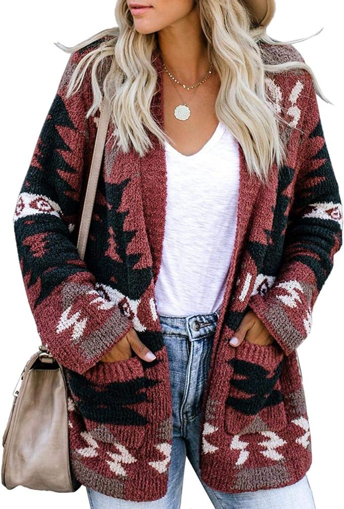 FERBIA Women Boho Cardigan Aztec Open Front Loose Slouchy Sweaters Tribal Long Sleeve Knitted Chr... | Amazon (US)