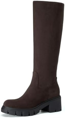 Platform Knee High Boots Tall Fall Boots Round Toe Chunky Lug Sole | Soft PU/Suede Leather, Side ... | Amazon (US)