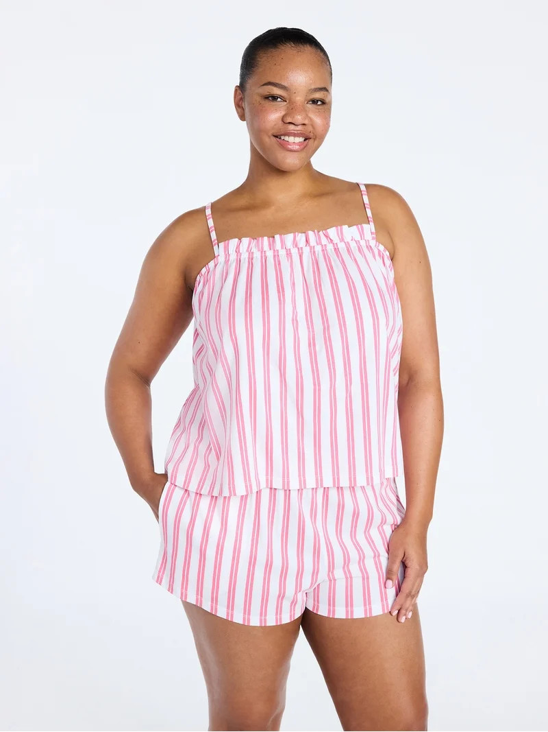 Joyspun Women's Cotton Ruffled Tank Top and Shorts Pajama Set, 2-Piece, Sizes XS-3X | Walmart (US)