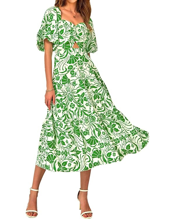 BTFBM Women Summer Dresses 2025 Casual Flowy Beach Square Neck Puff Short Sleeve Smocked Back Boh... | Amazon (US)