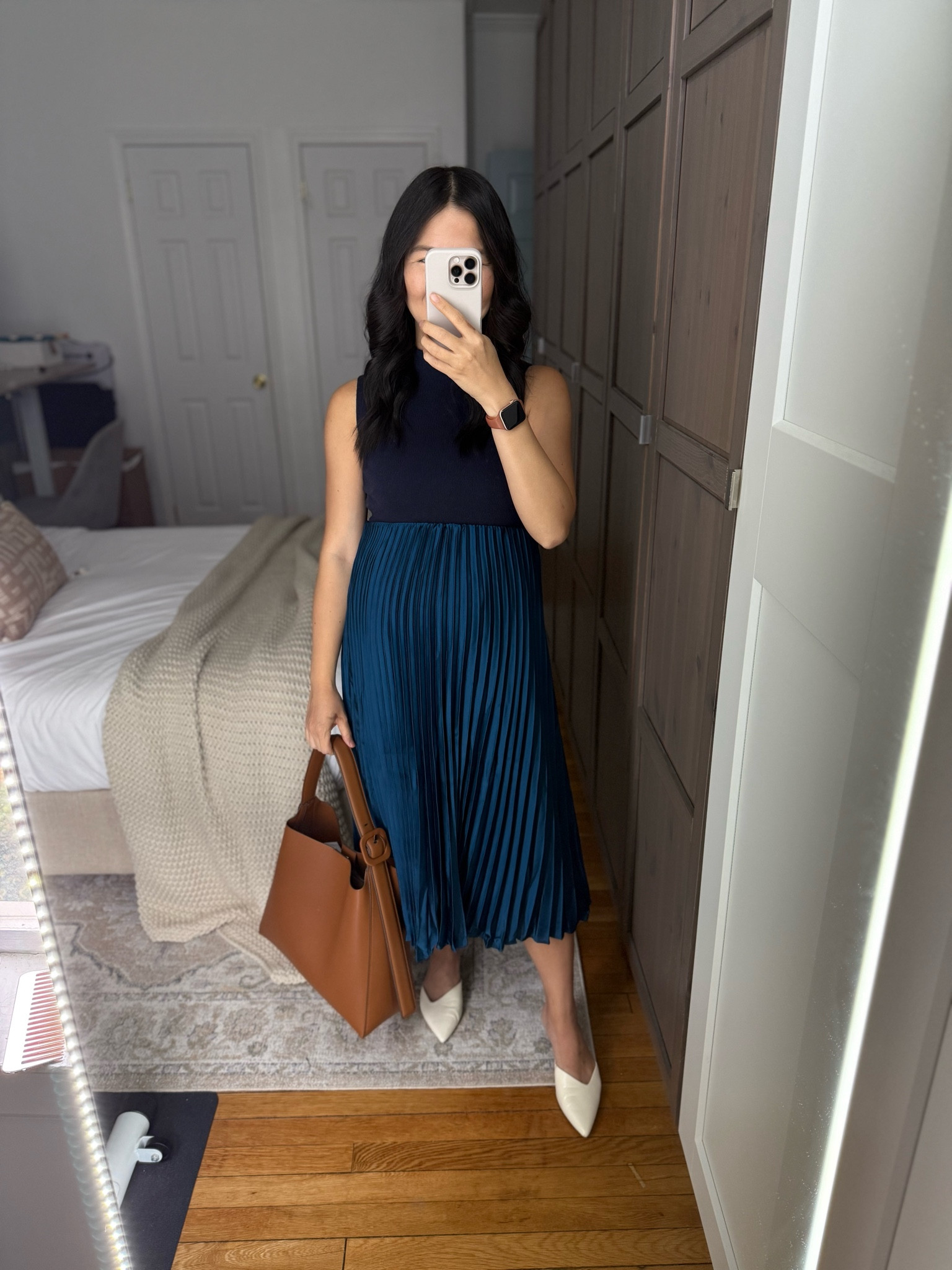 Navy sleeveless top
Navy mock neck top
Teal midi skirt (XSP)
Teal pleated skirt
Brown tote bag
White mule pumps (1/2 size uo)
White pumps
Jewel toned outfit
Fall outfit
Holiday outfit
Smart casual outfit
Business casual outfit
Ann Taylor outfit

#LTKFindsUnder100 #LTKWorkwear #LTKBump