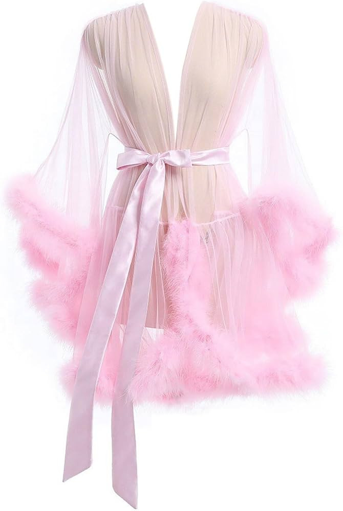 Womens Tulle Feather Robe Old Hollywood Net Yarn Illusion Bathrobe Boudoir Wedding Sleepwear Phot... | Amazon (CA)