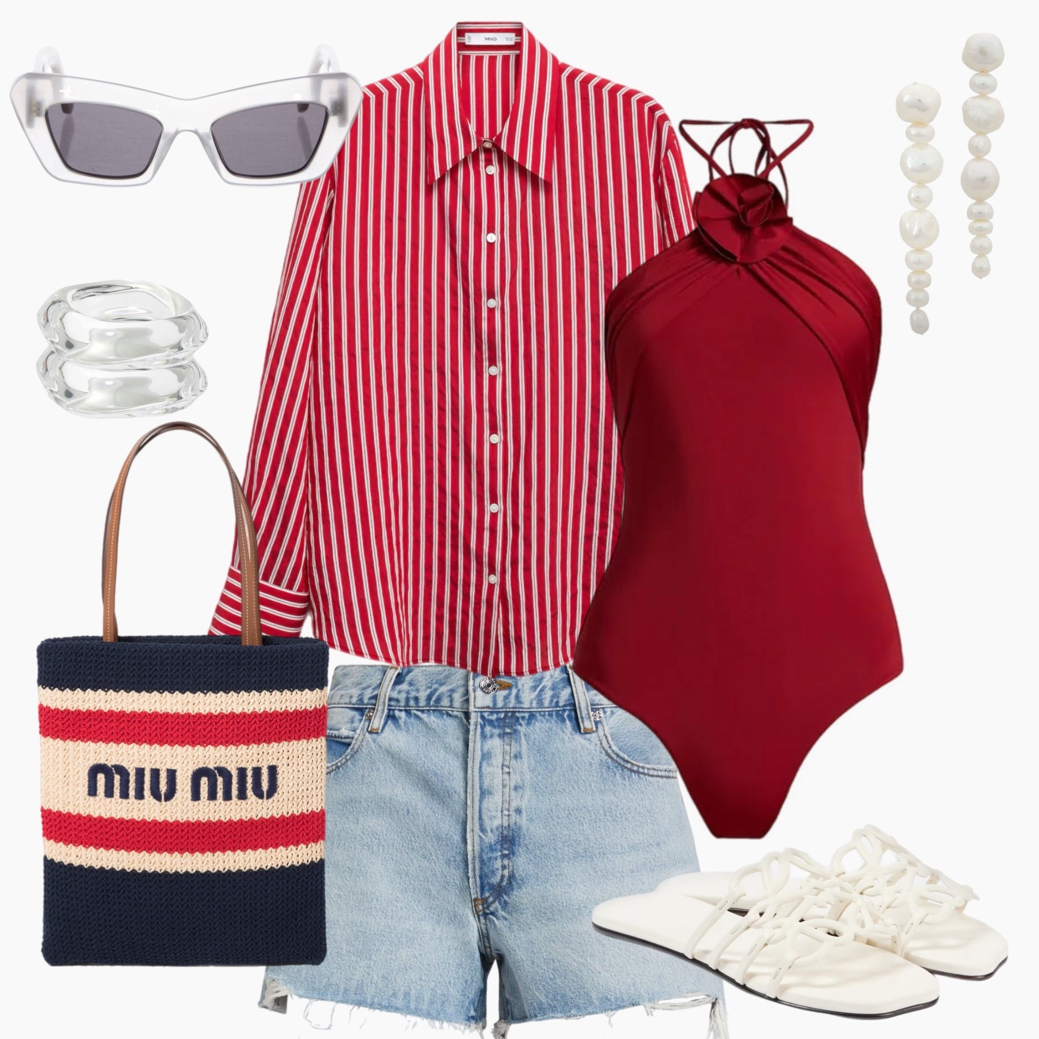 Stars, stripes, and beachside vibes 🇺🇸 This Fourth of July look layers a bold red striped shirt over a chic halter one-piece—perfect for transitioning from sand to sips. Styled with denim cutoffs, pearl drops, and a striped Miu Miu tote for a playful, all-American finish.

#FourthOfJulyStyle #RedWhiteAndBeach #AmericanaCool #HolidayWeekendLook #CoastalStyle #SummerOOTD #SwimAndStyle #MiuMiuVibes #LTKFourthOfJuly #WeekendReady #StyleInspo #StyledByMar

#LTKSaleAlert #LTKSwim #LTKSummerEdit