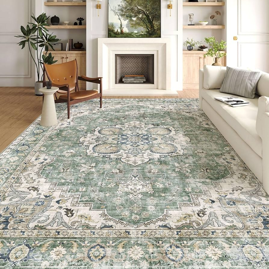 Area Rugs 9x12 Living Room - Large Washable Sage Green Boho Rugs for Bedroom Soft Vintage Rug Ult... | Amazon (US)