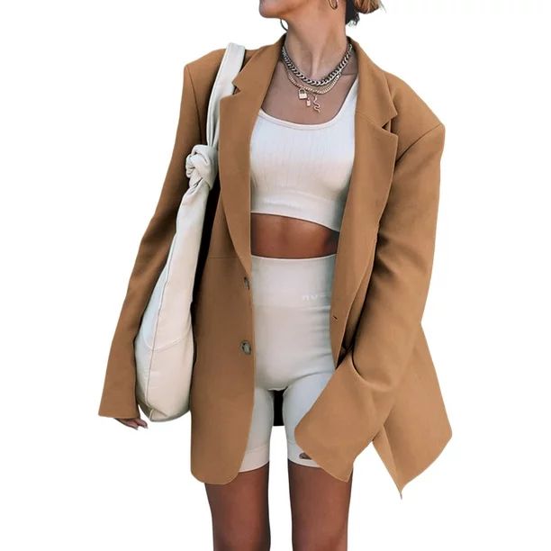 Langwyqu Women Casual Elegant Oversized Lapel Blazers Solid Work Office Jacket Outfit | Walmart (US)