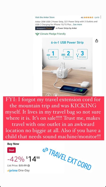 My travel extension cord power strip is on sale! No having to worry about making one awkward outlet on the other side of the room. Great for charging phones and if you need a sound machine/monitor 👍

#LTKtravel #LTKfindsunder50 #LTKsalealert