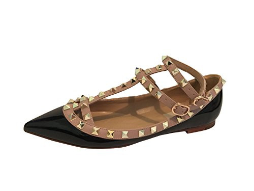 Kaitlyn Pan Pointed Toe Studded Strappy Caged Ballerina Leather Flats | Amazon (US)