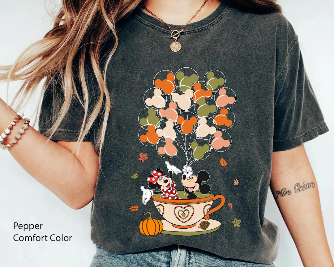 Mickey and Minnie Fall Balloon Tea Cup Comfort Colors Shirt, Disney Thanksgiving Couple Matching ... | Etsy (US)
