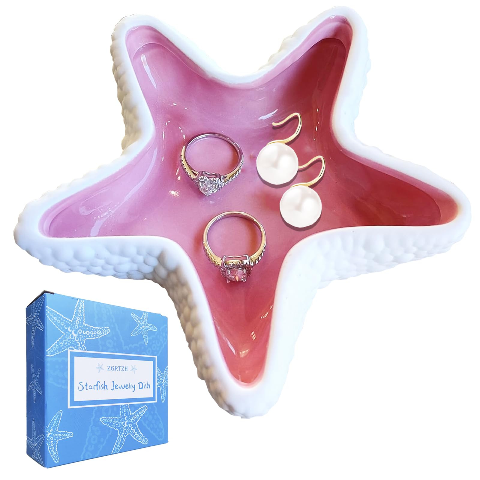 Ceramic Starfish Jewelry Dish Tray Pink Shell Jewelry Holder Ring Holder Trinket Dish Ocean Coast... | Amazon (US)