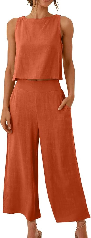 Feancey Summer 2 Piece Outfits For Women 2024 Sleeveless Linen Tank Crop Tops Wide Leg Pants Matc... | Amazon (US)