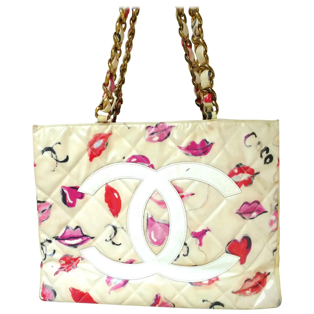 Chanel Jumbo nylon shopper Tot bag with Lip Heart + Coco Grafitti 1985's | 1stDibs