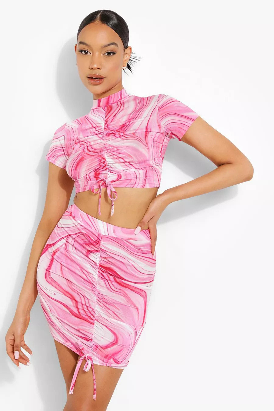 Marble Print Ruched Crop & Skirt Set | Boohoo.com (US & CA)