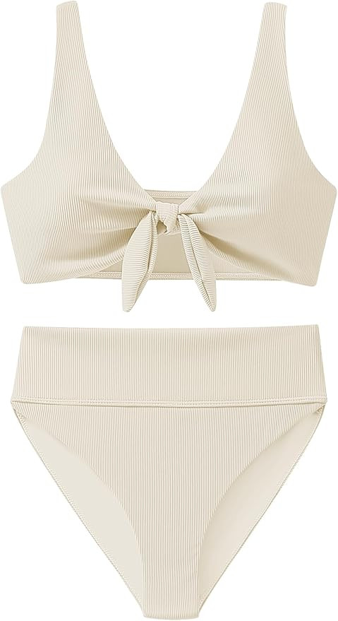 ANRABESS Women’s High Waisted Bikini Set, Ribbed Tie Knot Swimsuit, Trendy Summer Beach Pool Va... | Amazon (US)