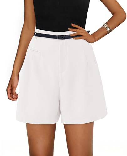 PRETTYGARDEN Shorts for Women Dressy 2025 Summer Elastic High Waisted Wide Leg Business Casual Work Shorts with Pockets (White,XX-Large) | Amazon (US)
