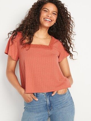 Flutter-Sleeve Crochet Lace-Trimmed Pointelle-Knit Swing Blouse for Women | Old Navy (US)