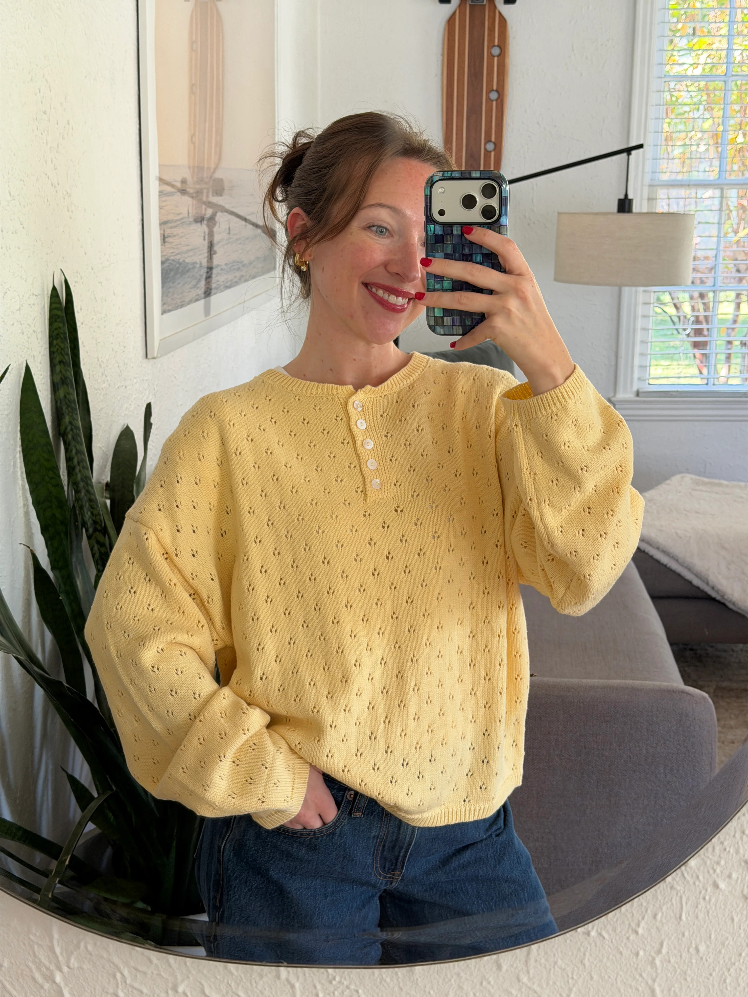 Things Between Amelia Butter Yellow Eyelet Henley Pullover | MOMNI