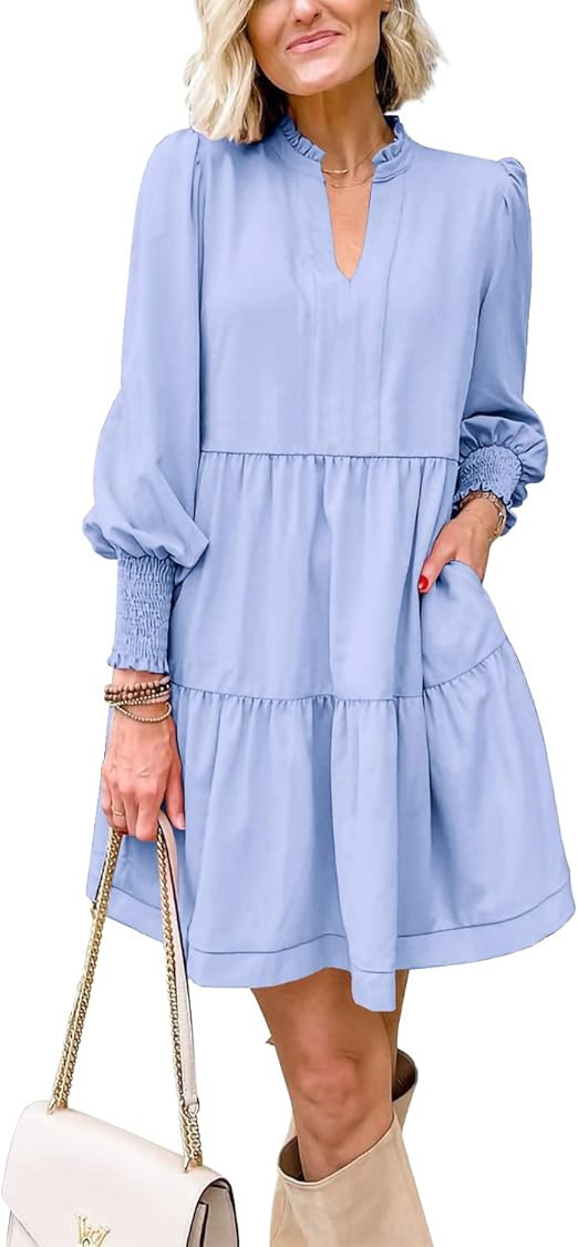 Imily Bela Womens Fall Long Sleeve Tunic Dress Casual V Neck Loose Ruffle Tiered Dress | Amazon (US)