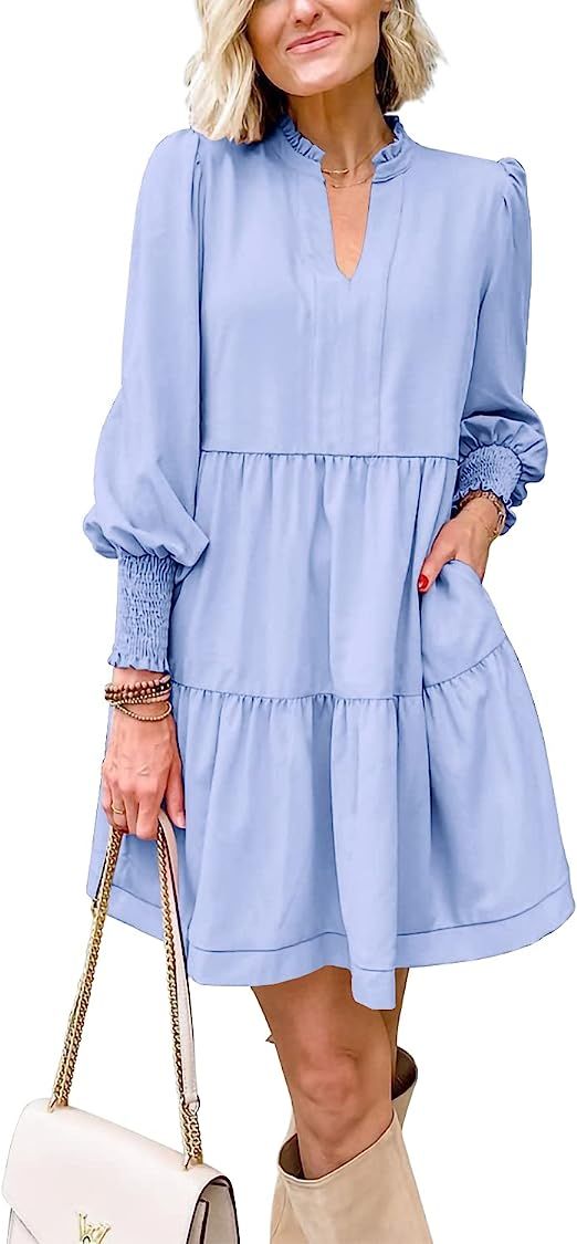 Imily Bela Womens Fall Long Sleeve Tunic Dress Casual V Neck Loose Ruffle Tiered Dress | Amazon (US)