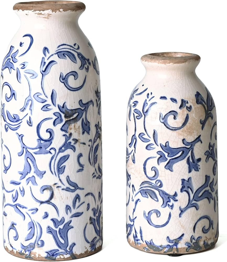 VICTOR & TERESA Blue and White Ceramic Vases Home Decor, Farmhouse Vase for Flowers, Flower Vase ... | Amazon (US)