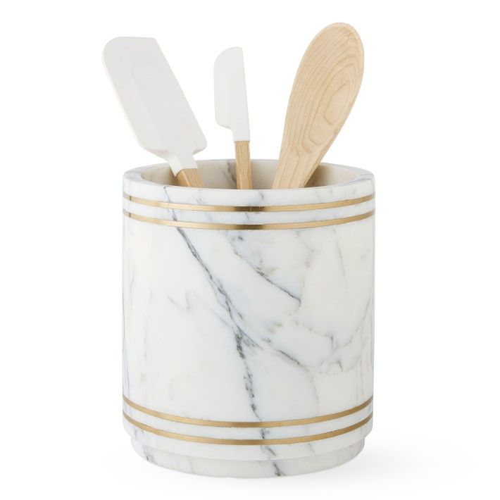 Williams Sonoma Arabescato Marble with Brass Inlay Utensil Holder | Williams-Sonoma