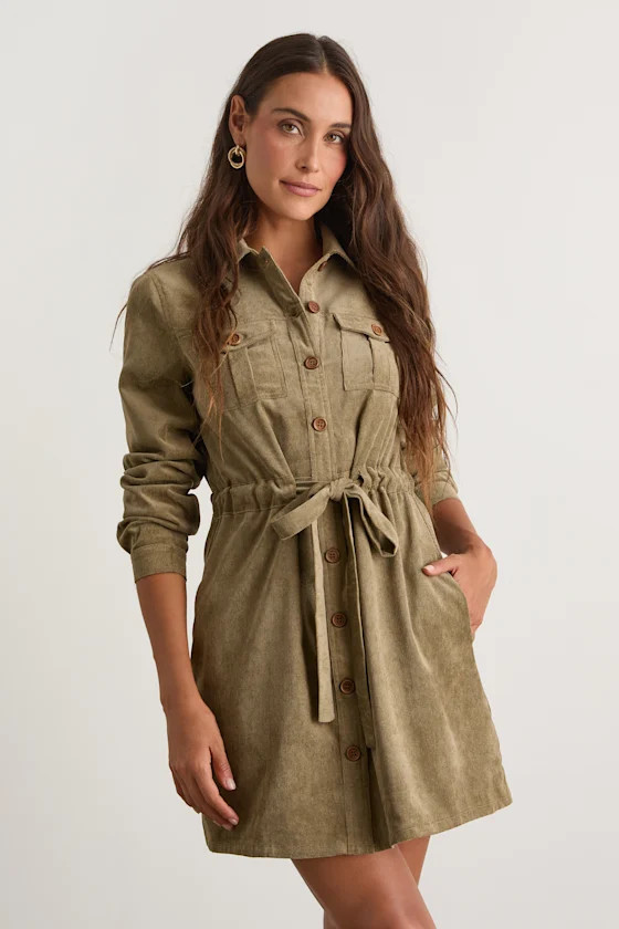 Simple Affection Olive Corduroy Mini Dress With Pockets | Lulus