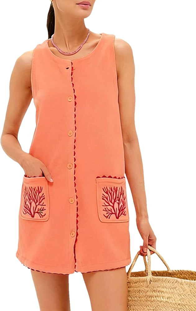 Sleeveless Mini Dress for Women Suede Beach Coverup with Buttons Front Embroidered Shift Summer C... | Amazon (US)