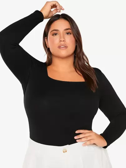 SHEIN BASICS Plus Cotton Square Neck Solid Form Fitted Tee | SHEIN