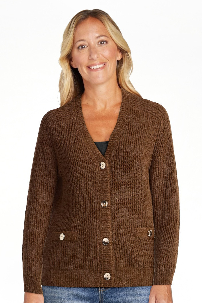 Time and Tru Women's V Neck Button Front Boucle Cardigan Sweater with Long Sleeves, Mid-weight, S... | Walmart (US)