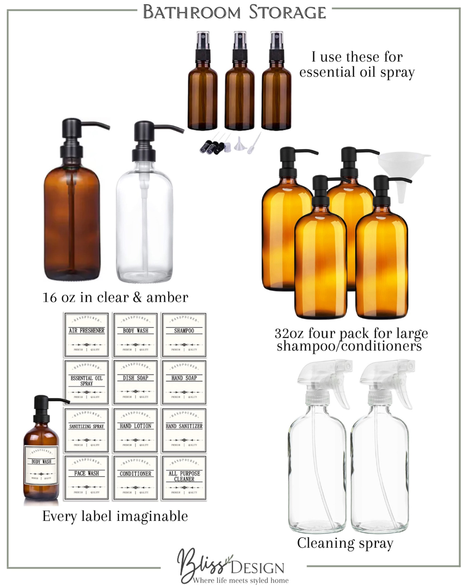 Bathroom Storage Solutions 

Amber bottles, clear bottle, decor, spray bottles 

#LTKFind #LTKhome #LTKsalealert