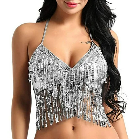 Women Belly Dance Crop Top Sequin Halter Top Bandage Tank Top Strappy Backless Tube Top Tank Sleevel | Walmart (US)