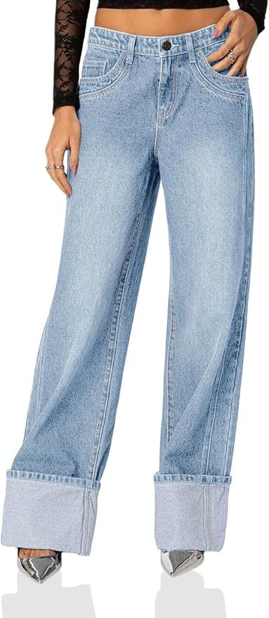 PLNOTME Womens Baggy Jeans Boyfriend Wide Leg Trendy Casual Low Rise Cuffed Hem Denim Pants with ... | Amazon (US)