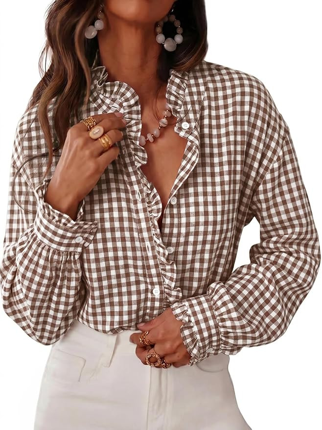 Cicy Bell Womens Plaid Shirts Ruffle Puff Long Sleeve V Neck Gingham Tops | Trendy Casual, Button... | Amazon (US)