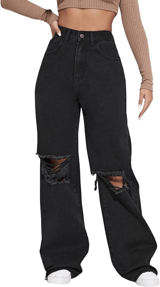 SweatyRocks Women's Casual Loose Ripped Denim Pants Distressed Wide Leg Jeans | Amazon (US)