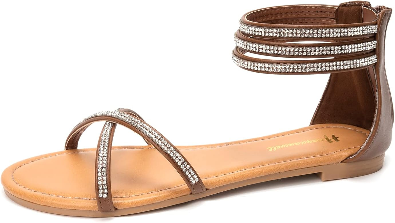 Women's Rhinestones Flat Sandals Ankle Strap Sandals Strappy Sandals Comfort Open Toe Gladiator F... | Amazon (US)