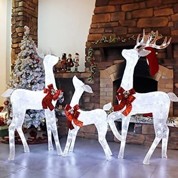 Lulu Home Christmas Yard Decoration, Set of 3 Pre-lit White Reindeer with 265 LEDs White Lights, 3D  | Amazon (US)