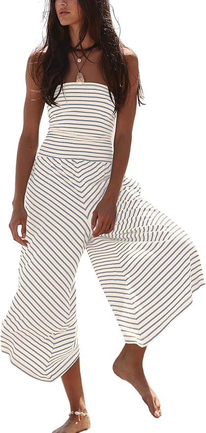 Womens Striped Strapless Jumpsuits Wide Leg Summer Romper Sleeveless Loose Flowy Cropped Pants Ro... | Amazon (US)