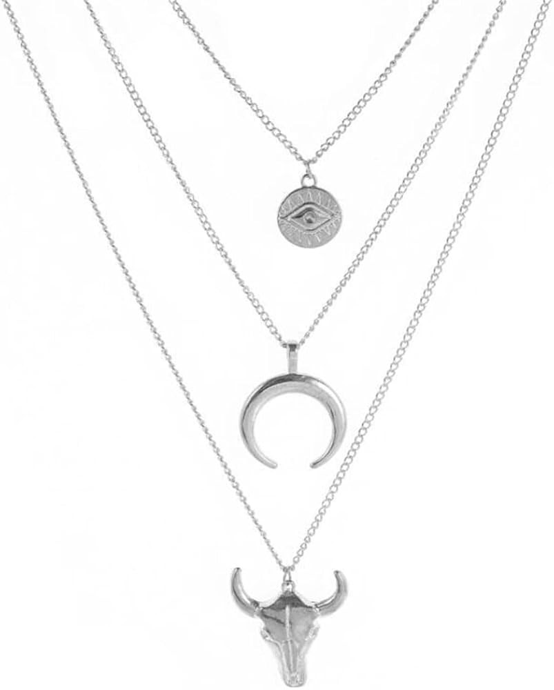 Pingyongchang Western Evil Eye Bull Head Crescent Moon Layered Necklace Boho Cowboy Cowgirl Geome... | Amazon (US)