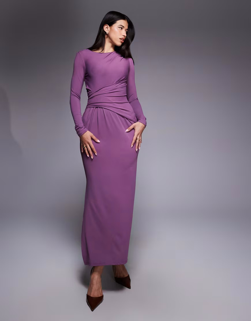 ASOS DESIGN soft touch long sleeve drape maxi dress in grape-Purple | ASOS (Global)