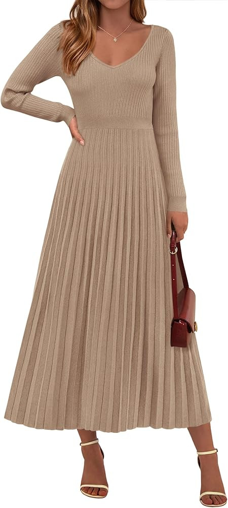 PRETTYGARDEN Women Sweater Dress Fall Fashion 2026 Long Sleeve V Neck Ribbed Knit Pleated A Line ... | Amazon (US)