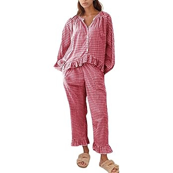 Flygo Womens Plaid Pajamas Sets 2 Piece Cotton Pj Set Puff Sleeve Ruffle Babydoll Shirt Gingham P... | Amazon (US)