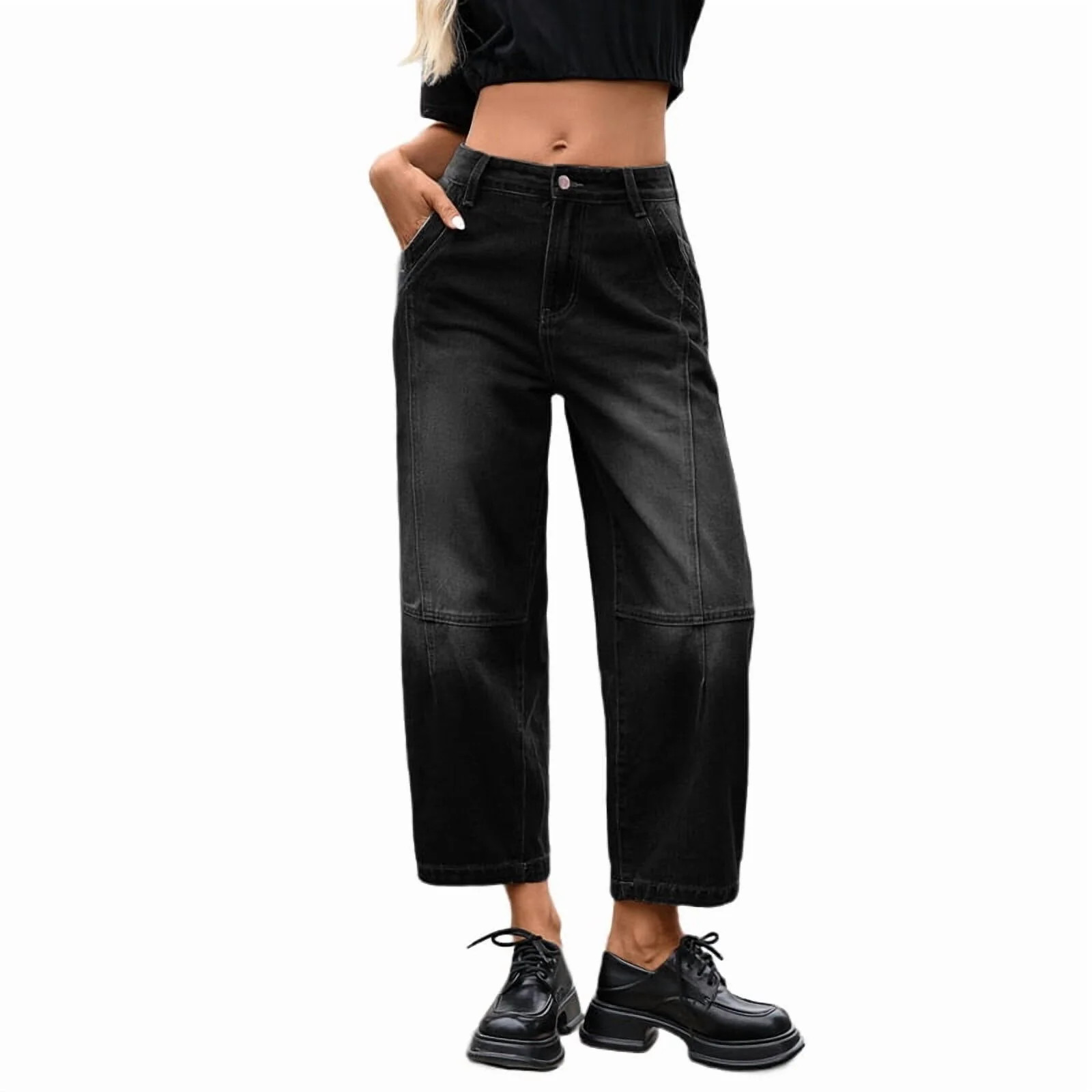 Women'S Jeans Wide Leg Vintage Mid Rise Y2k Baggy Boyfriend Ankle Denim Pants Black Grey M | Walmart (US)