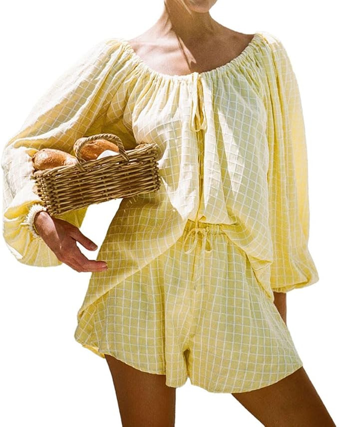 Womens 2 Piece Short Set Oversized Lounge Sets Long Sleeve Top and Shorts Plaid Pajamas Set | Amazon (US)